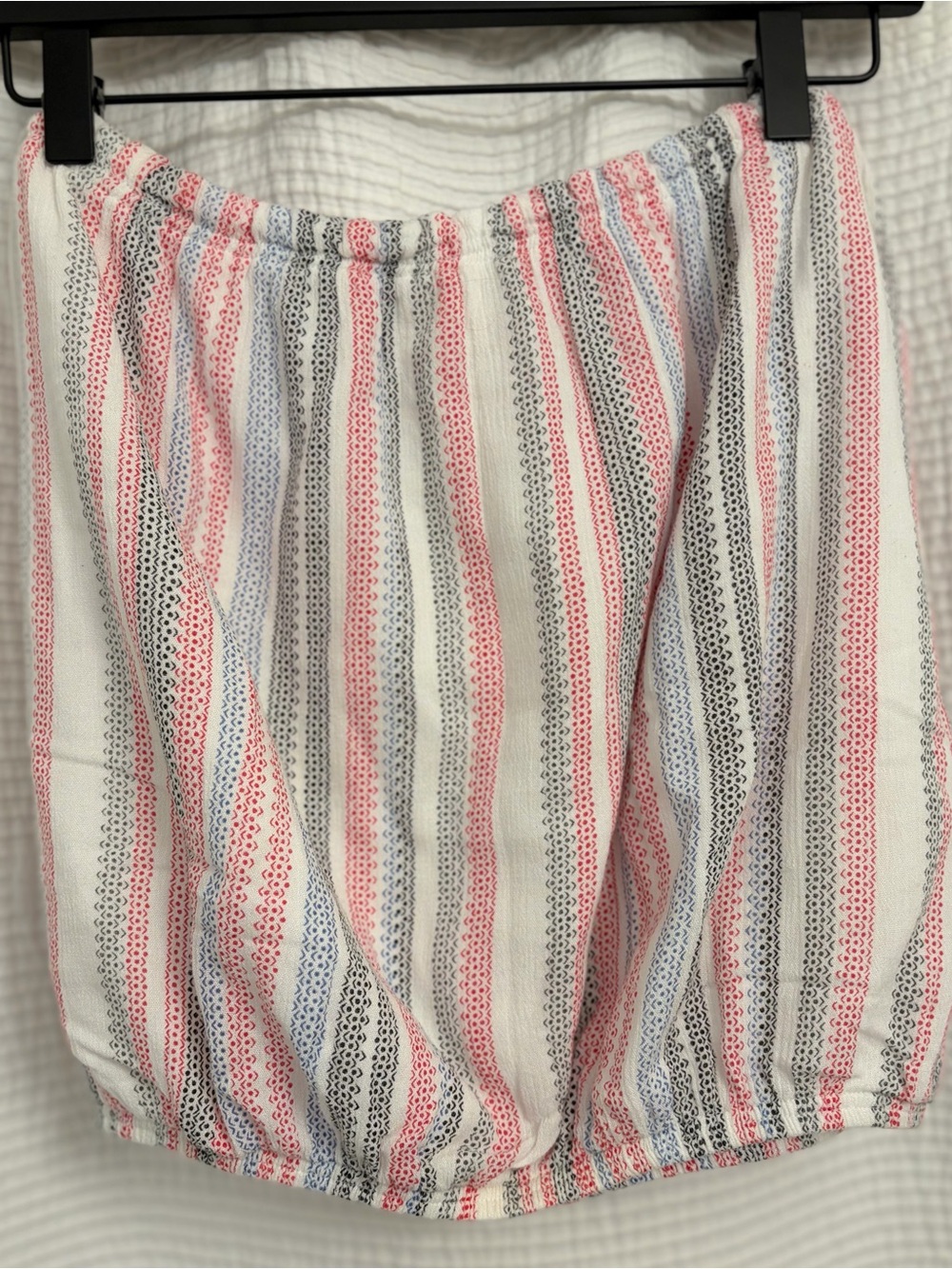 Elan Cory Strapless Top White Background with Red, Blue & Black Accent Stripes
